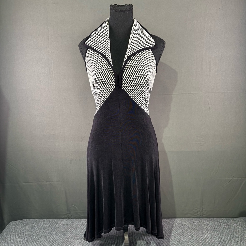 VTG Tadashi Dress Women’s S Cocktail Halter Midi Stretch Geometric Black White